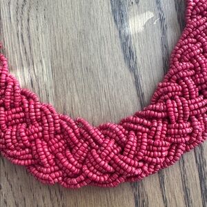 Red Beaded Braided Statement Necklace - Unbranded